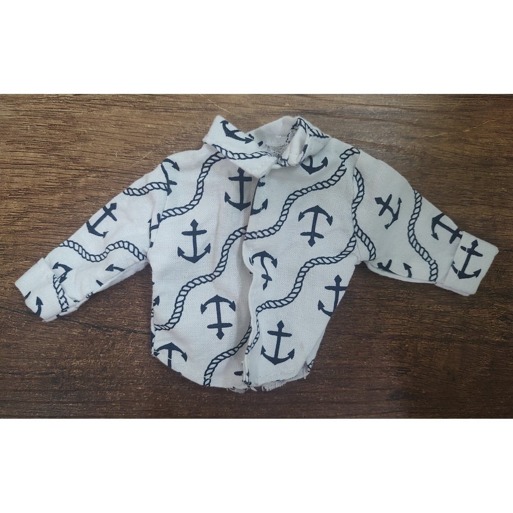 Ken Doll White Collared Shirt Nautical Anchor Rope Print 3/4 Sleeve Z32